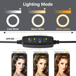 3 Colors LED Ring Light with Tripod Stand Phone Holder Remote Control Adjustable Height Multi USB Charging Cable