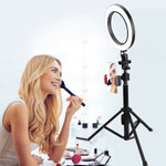 3 Colors LED Ring Light with Tripod Stand Phone Holder Remote Control Adjustable Height Multi USB Charging Cable