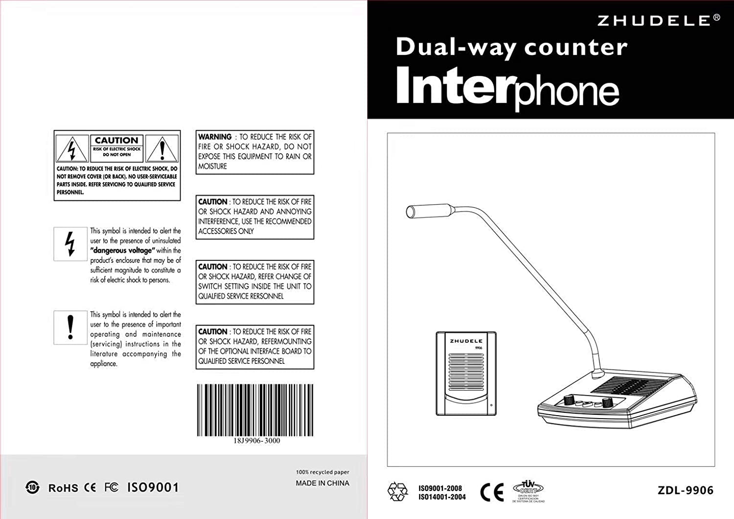 ZDL-9906 Dual-Way Audio Window Speaker Intercom System Wireless Glass Window Microphone for Business