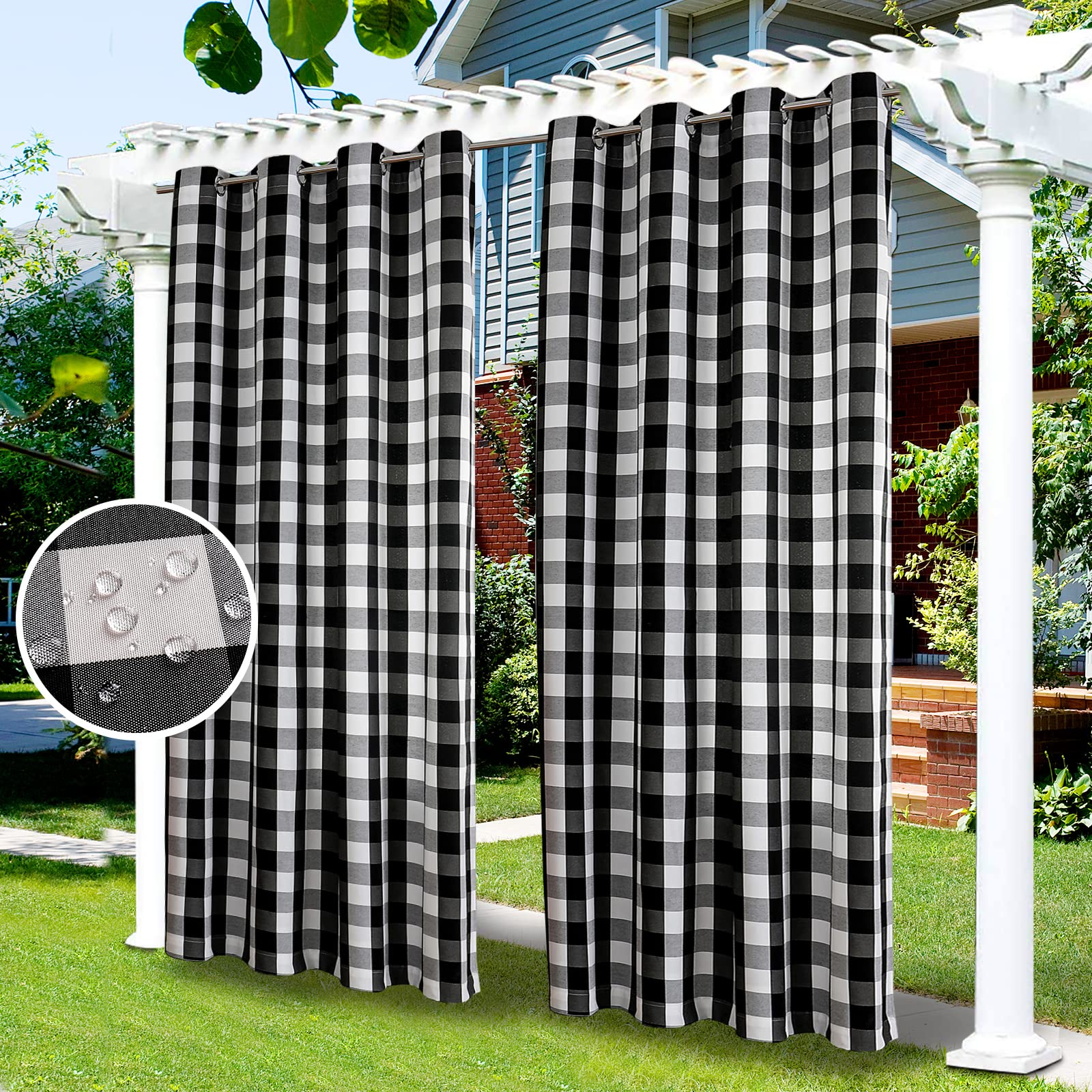 Black and White Buffalo Plaid Blackout Outdoor Curtains Set for Patio Waterproof with Series of Pillowcases & Tablecloth