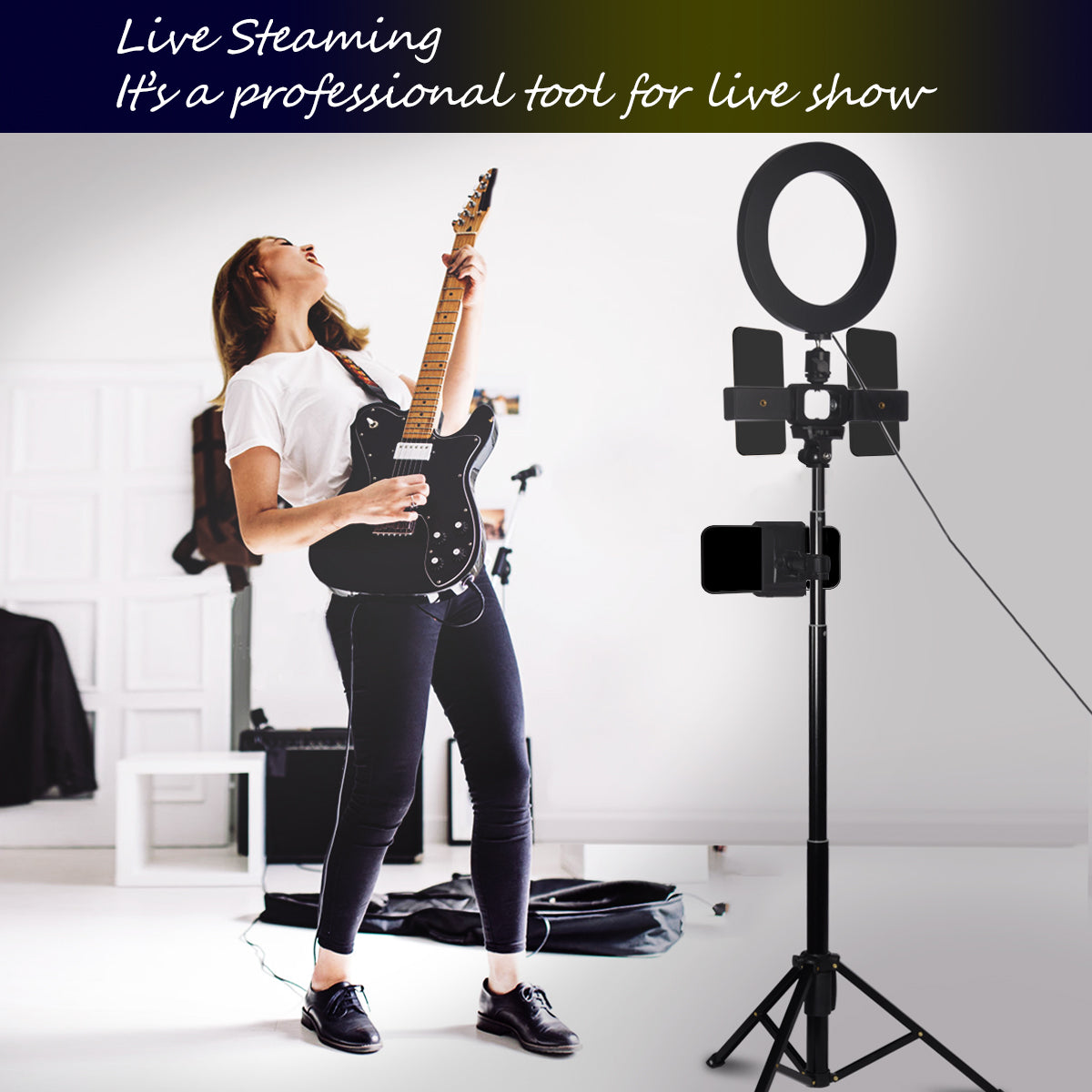 3 Colors LED Ring Light with Tripod Stand Phone Holder Remote Control Adjustable Height Multi USB Charging Cable