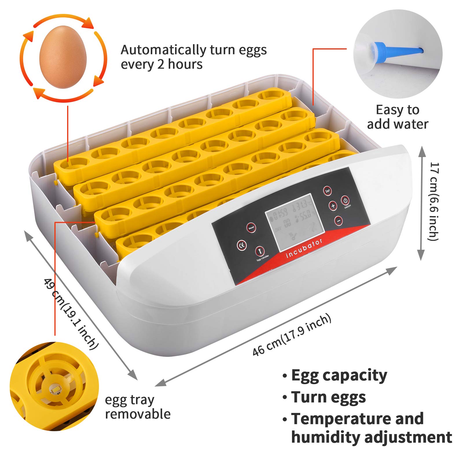 32 Eggs Digital Egg Incubator with Automatic Egg Turning and Humidity & Temperature Control, LED Candler