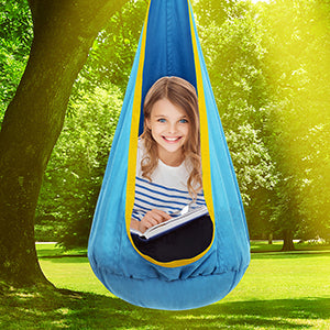 Kids Pod Swing Seat 100% Cotton Hammock Pod Chair with Pocket 360-Degree Rotating Suspension Plate for Outdoor Indoor