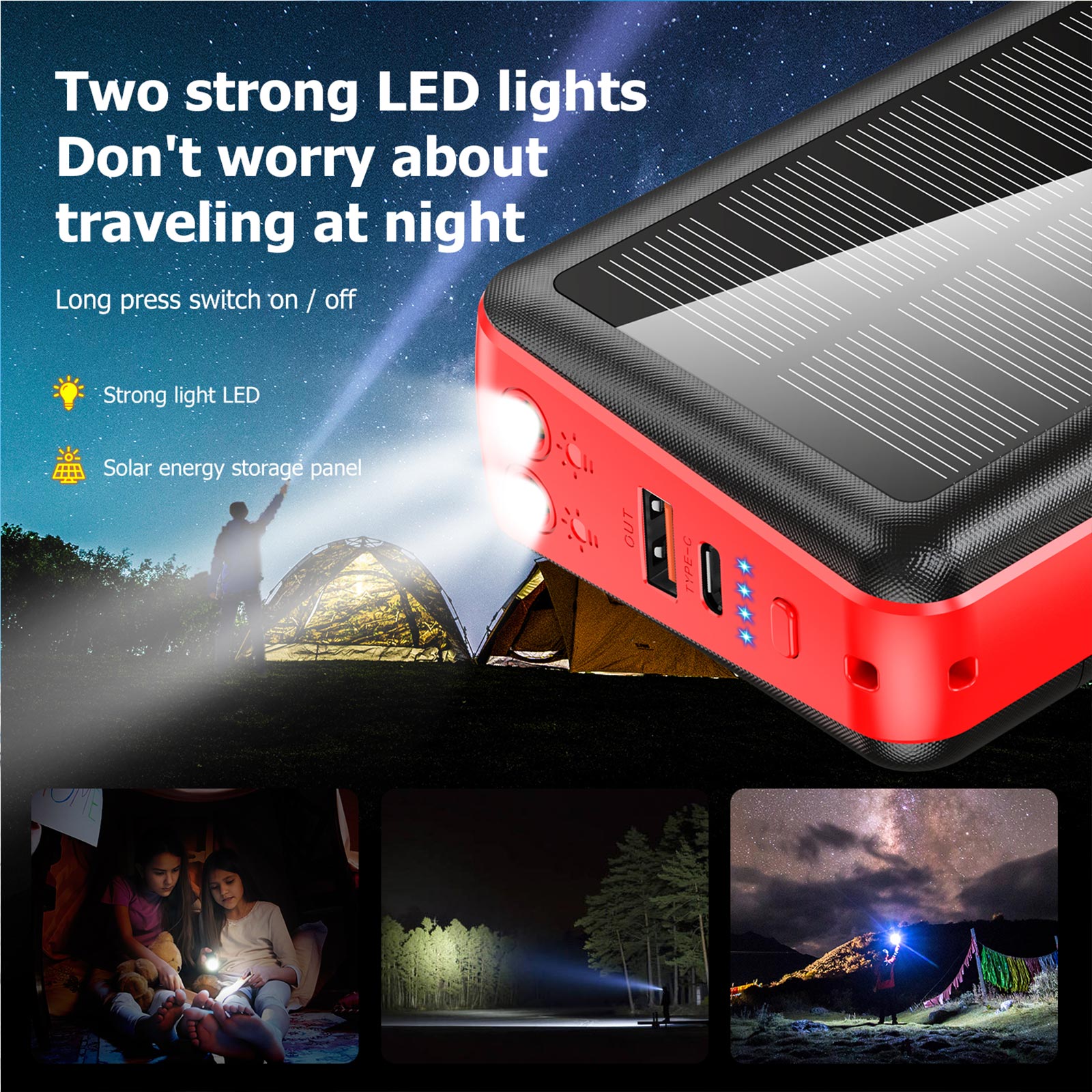 Solar Charger 30000mAh Portable Power Bank with LED Flashlight Built-in 4 Input Cables Fast Charge