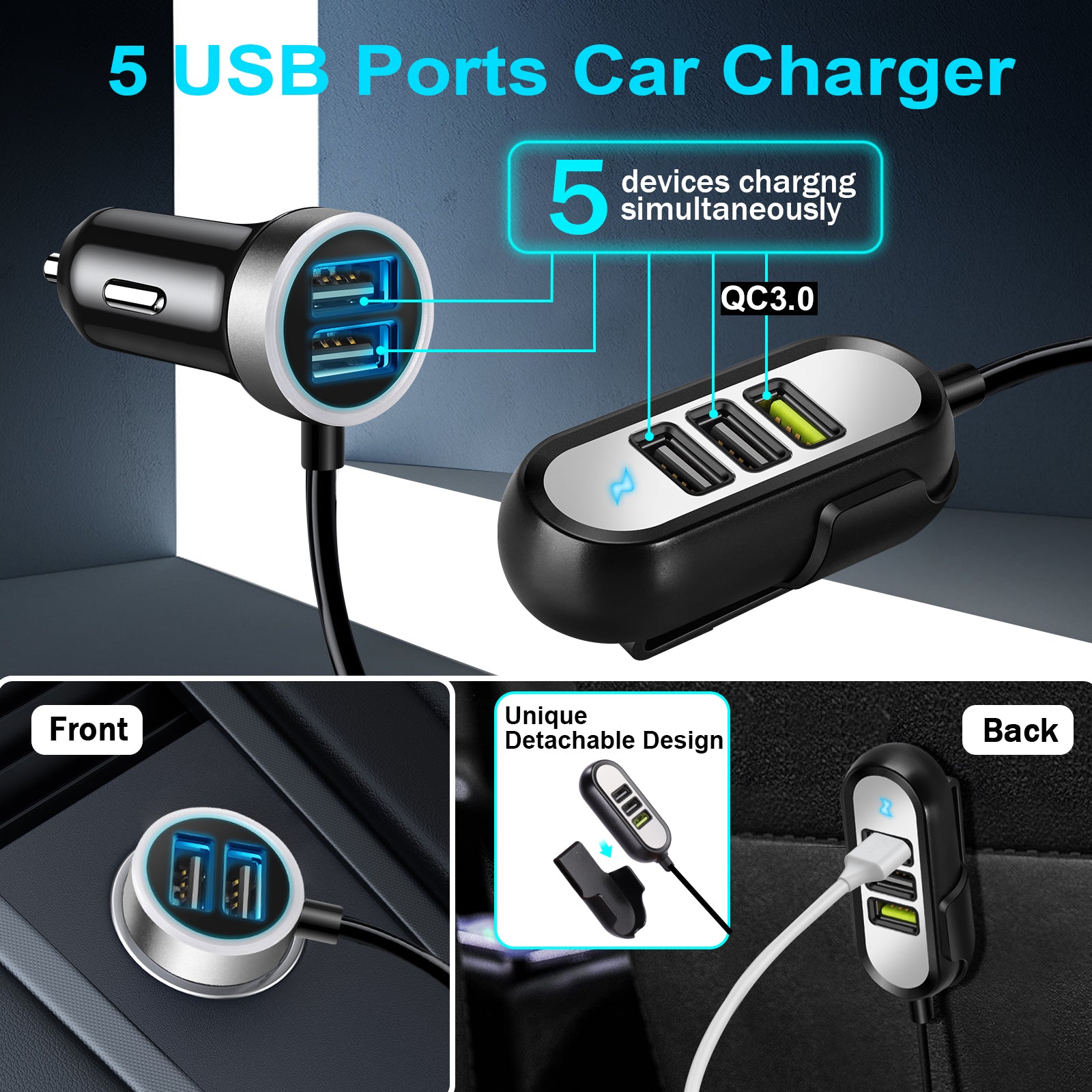 5 Multi Ports Car Charger 42W QC 3.0 Fast USB Adapter Cigarette Lighter with 5FT Cable for iPhone Samsung Android