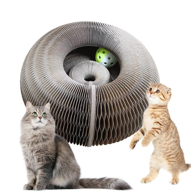 Foldable Cat Scratching Board with Toy Bell Ball, Magic Circular Scratching Box Corrugated Interactive Cat Scratching Toy