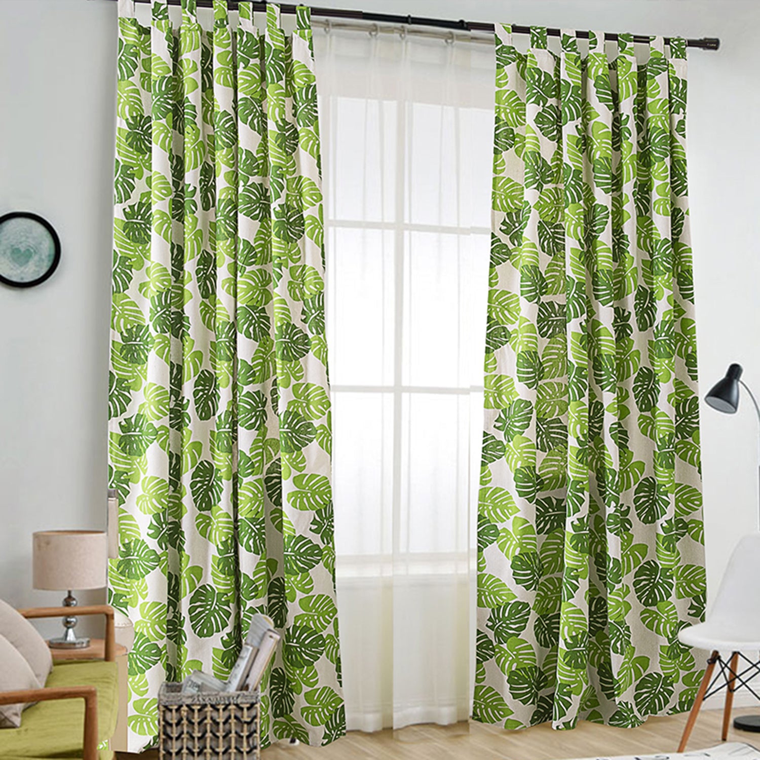 2PCS Green Leaf Curtains for Living Room- Monstera Plant Print Window Treatment Panels Blackout for Kids Bedroom Nursery Decor