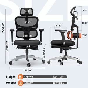 （Pro version）Ergonomic office chair with footrest, High back desk chair with unique adjustable lumbar support, office chair with 4D armrest